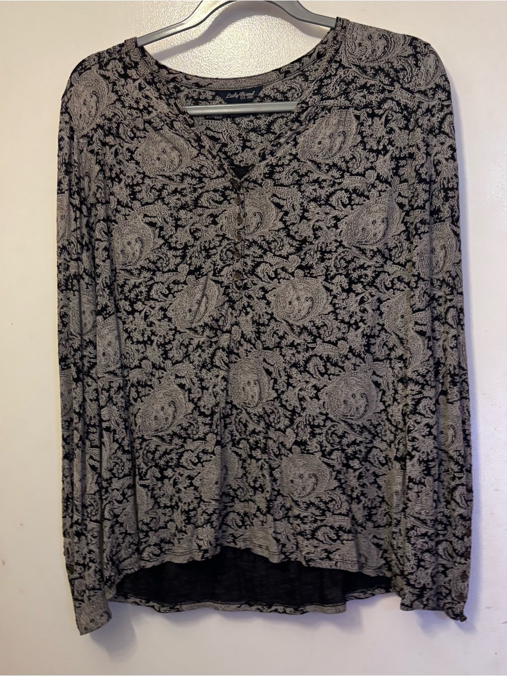 Lucky Brand Black and Gray Paisley Long-Sleeve Top